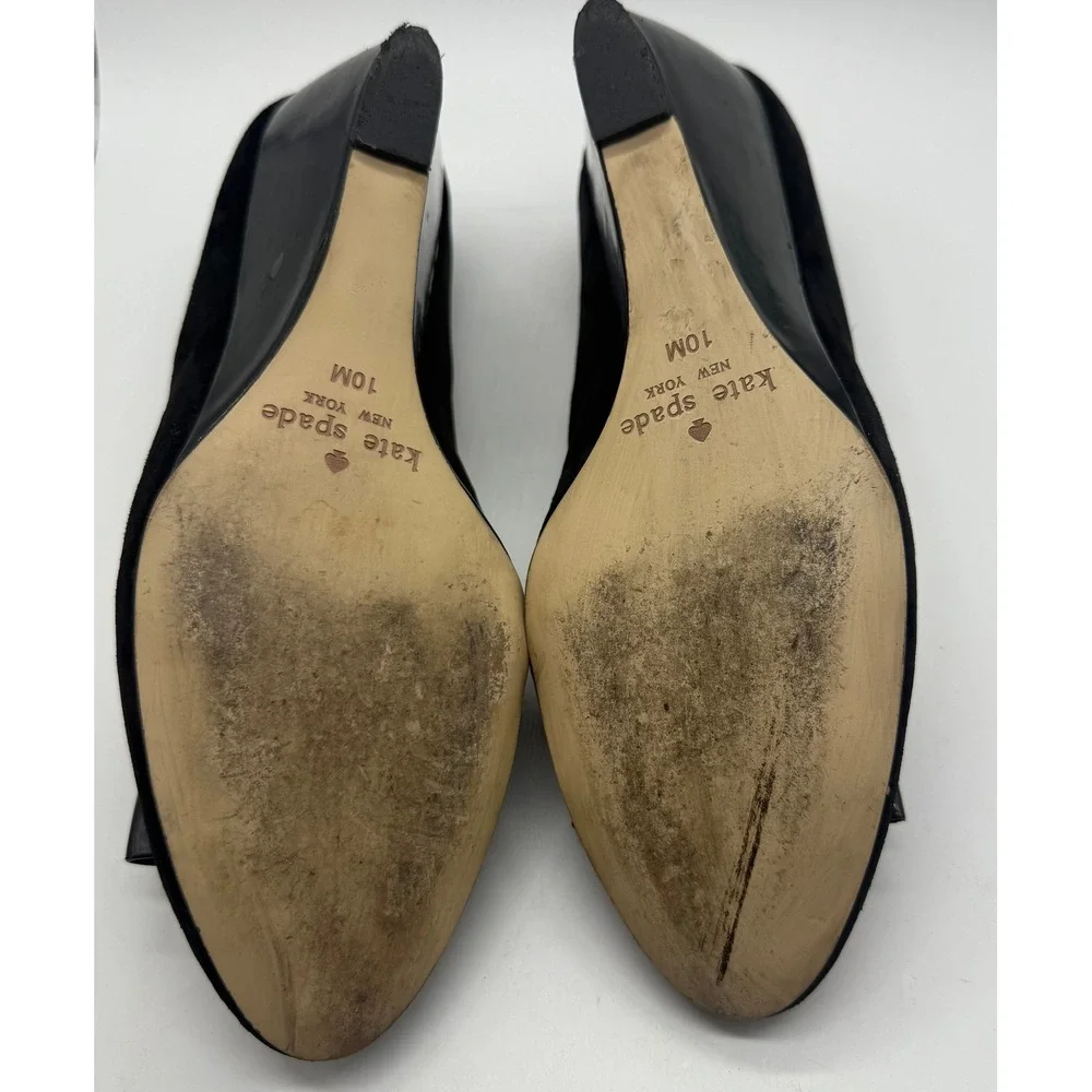 Kate Spade Black Suede Wedge Heels with Patent Bow and Gold Studs - Size‎ 10M